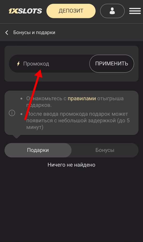 Ввод промокода в приложении 1xSlots