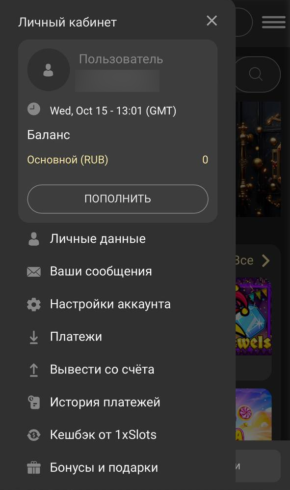 Личный кабинет в приложении 1xSlots
